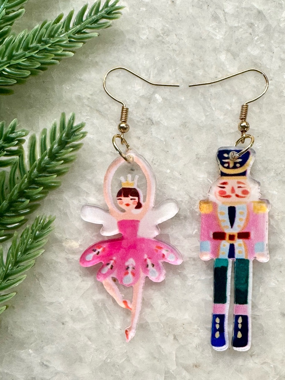 New Christmas Holiday Nutcracker & Sugar Plum Fairy Acrylic Dangle Earrings - 3”
